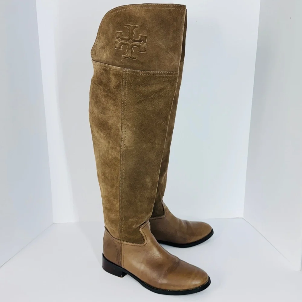 Tory Burch Women Brown Suede Leather Riding Boots Logo Tall Boots 6.5 Equestrian